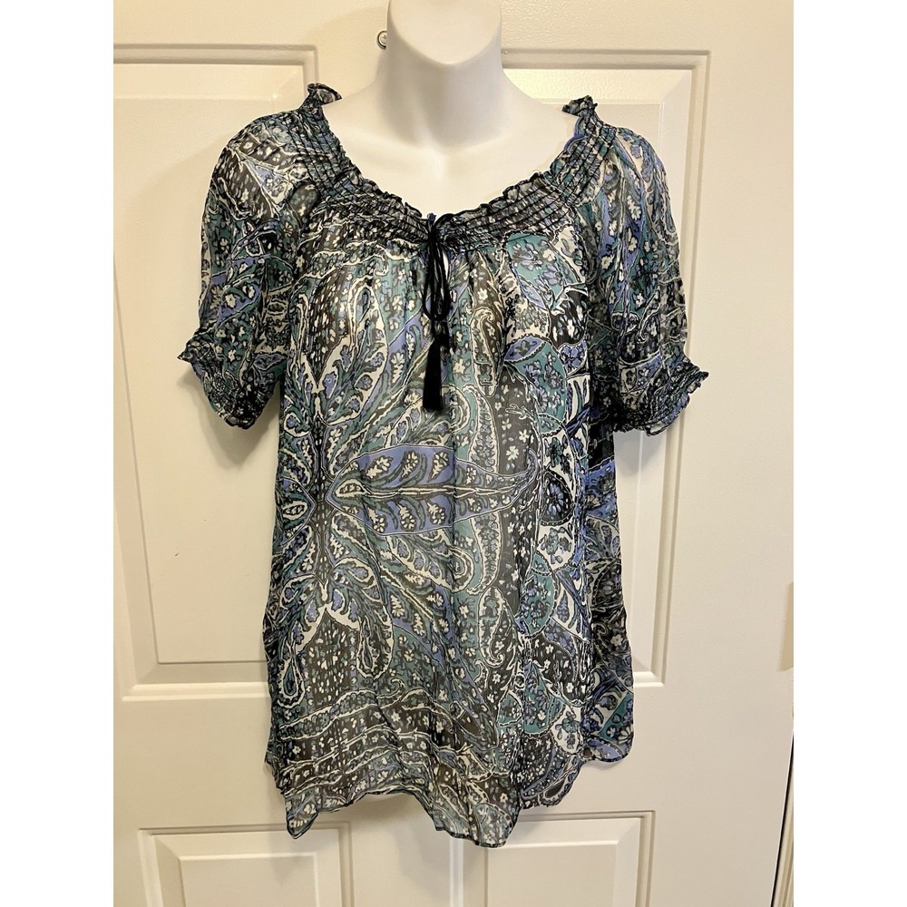 Joie Women's Small Blue Black Silk Peasant Blouse Sheer Puff Sleeve Tie Neck